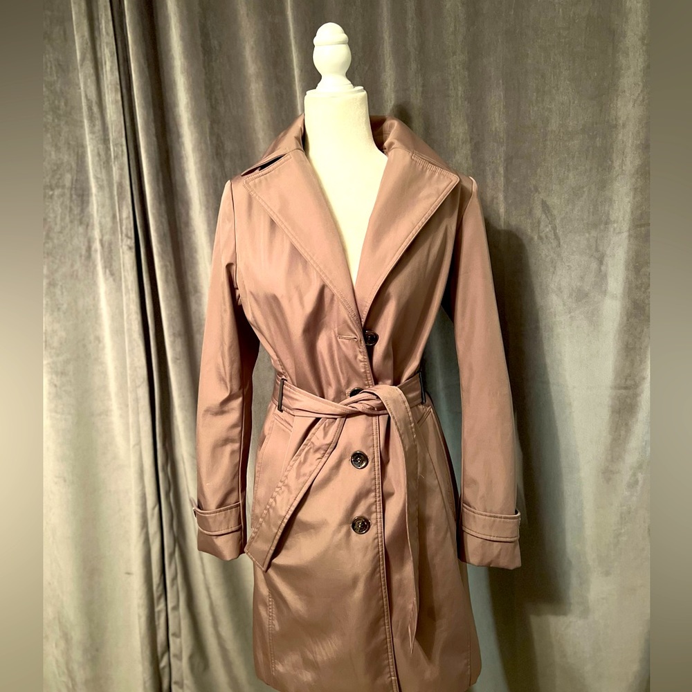 Calvin Klein Hooded Tan Trench Coat - Button Down with Belt and Pockets - XS